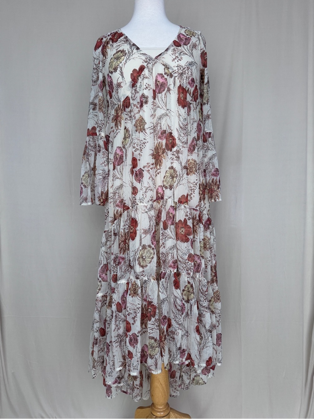 Mossimo Supply Co. Beige Floral Tiered Maxi Dress with Red and Pink Blooms